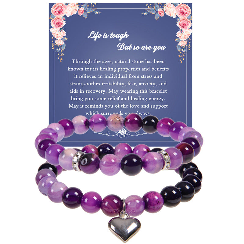 Wholesale 8mm Natural Stone Beaded Heart Set Bracelet